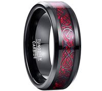 NUNCAD 8mm Anello Uomo/Donna Nero in Tungsteno con Drago Celtico e Fibra di Carbonio Rosse per Matrimonio Fidanzamento, Taglia 22