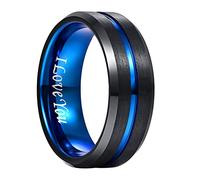 NUNCAD 8mm Nero + Blu Anello di Fidanzamento con I Love You, Anello Uomo Donna in Tungsteno con Scanalatura Centrale Blu per Partner Coppie Alliance Taglia 23.25