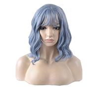 Nunubee Parrucche ondulate corte da donna, parrucca riccia, parrucca sintetica, cosplay quotidiano, blu, grigio 15 pollici