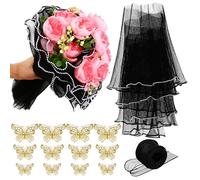 NUOBESTY 1 Set Wrapper in Rete di Fiori Nera di Avvolgimento Bouquet con Nastro di Imballaggio E Farfalle Dorate per Decorazioni Floreali