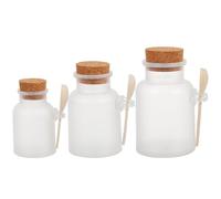 NUOBESTY Barattoli per Sali da Bagno e Flaconi di Polvere Portatili in Plastica Coperchio in Sughero e Cucchiaio in Legno, Set da 3 Bottiglie Smerigliate da 100g, 200g e 300g,