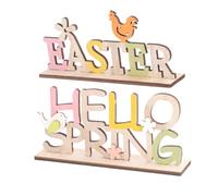 NUOBESTY Decorazioni Pasquali in Legno 2 Pezzi Scritte Colorate Hello Spring e Easter, Accessori Figura Gallina e Fiore per Casa e Scaffale, Decorazione Desktop