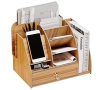 NUODWELL Organizer da scrivania in legno con docking station per telefono, organizer da scrivania con cassetto e libreria, portapenne, accessori da scrivania (B20-1 ciliegia)