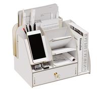 NUODWELL Organizer da scrivania in legno con docking station per telefono, organizer da scrivania con cassetto e libreria, portapenne, accessori da scrivania (B20-1 bianco)
