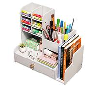NUODWELL Organizer da tavolo con cassetto, portapenne bianco fai da te da scrivania, organizer per forniture artistiche per casa, ufficio e scuola