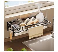 NUODWELL Portaoggetti da parete per lavello da cucina, organizer con vassoio antigoccia rimovibile, organizer per lavello da cucina, senza fori, con gancio