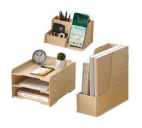 NUODWELL Set di organizer da scrivania in legno, 3 ripiani, vassoio per lettere, portadocumenti A4, portapenne, organizer da scrivania e oggetti per ufficio (rovere)