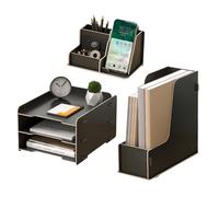 NUODWELL Set di organizer da scrivania in legno, con 3 ripiani, formato A4, porta documenti, portapenne, organizer da scrivania e contenitore per cancelleria (nero)