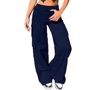 Nuofengkudu Cargo Pantaloni Larghi Donna Elasticizzati Elastico Vita Alta con Tasche Bootcut Palazzo Lunga Lavoro Pantalone Zampa Comodi Sportiva Casual Classici Pants Blu Navy S