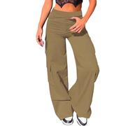 Nuofengkudu Cargo Pantaloni Larghi Donna Elasticizzati Elastico Vita Alta con Tasche Bootcut Palazzo Lunga Lavoro Pantalone Zampa Leggins Comodi Sportiva Casual Classici Pants Khaki XS