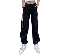 Nuofengkudu Donna Harem Cargo Pantaloni alla Caviglia Elasticizzati 5 Tasconi Elastico Vita Alta Lavoro Pantalone Polsino Tasche Laterali Jogging Pants Sportivi Vintage Y2K Classici Casual Nero M