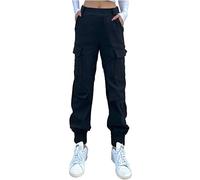 Nuofengkudu Donna Harem Cargo Pantaloni Elastico Vita Alta alla Caviglia Elasticizzati 4 Tasconi Lavoro Pantalone Tasche Laterali Jogging Pants Teenager Sportivi Vintage Classici Casual Nero M