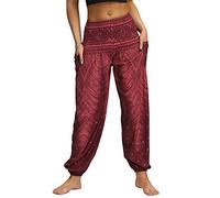 Nuofengkudu Donna Harem Hippie Pantaloni con Tasche Boho Print Vita Alta Larghi Leggeri i Yoga Pants Estivi Spiaggia (Vino Rosso,Taglia Unica)