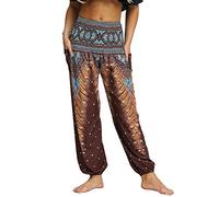 Nuofengkudu Donna Harem Hippie Pantaloni con Tasche Boho Print Vita Alta Larghi Leggeri i Yoga Pants Estivi Spiaggia (Marrone A,Taglia Unica)