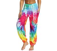 Nuofengkudu Donna Harem Hippie Pantaloni con Tasche Boho Print Vita Alta Larghi Leggeri i Yoga Pants Estivi Spiaggia (Arcobaleno B,Taglia Unica)