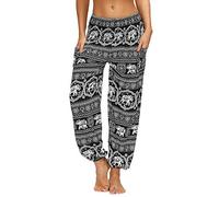 Nuofengkudu Donna Harem Hippie Yoga Pantaloni con Tasche Boho Print Vita Alta Larghi Leggeri i Pilates Pants Estivi Vacanza Spiaggia Festival(X-Elefante Nero,Taglia Unica)
