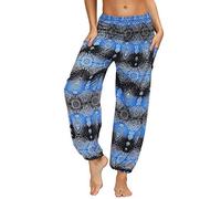 Nuofengkudu Donna Harem Hippie Yoga Pantaloni con Tasche Boho Print Vita Alta Larghi Leggeri i Pilates Pants Estivi Vacanza Spiaggia Festival(X-Acqua Blu,Taglia Unica)