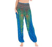Nuofengkudu Donna Harem Lunga Pantaloni con Tasconi Hippie Stampata Vita Alta Morbidi Baggy a Yoga Pants Bohemian Pantalone Estivi Spiaggia(X-HU Blu Pavone,Taglia Unica)
