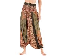 Nuofengkudu Donna Hippie Thai Harem Pantaloni Jumpsuit Stampata Vita Alta Cavallo Basso Morbida Taglie Grandi Baggy Yoga Pants Estivi Spiaggia Vacanza(Verde Scuro Etnico,Taglia Unica)