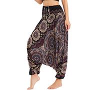 Nuofengkudu Donna Hippie Thai Harem Pantaloni Larghi Jumpsuit Stampata Vita Alta Pantalone Cavallo Basso Morbida Taglie Grandi Baggy Yoga Pants Estivi Spiaggia Vacanza Floral Nero Oro