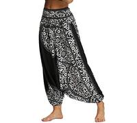Nuofengkudu Donna Pantaloni Cavallo Basso Colorati Etnici Larghi alla Turca Vita Alta Hippie i Harem Yoga Pants Casual Spiaggia (Nero Motivo C,Taglia Unica)