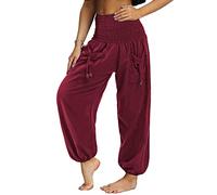 Nuofengkudu Donna Pantaloni Harem Hippie Tasconi Tinta Unita Thailandesi Vita Alta Larghi Leggeri Vintage Yoga Pants Traspirante Morbidi Comodo Unisex Pigiama Estivi Spiaggia Casual Rosso L