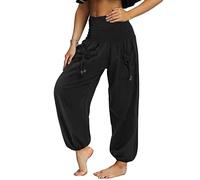 Nuofengkudu Donna Pantaloni Harem Hippie Tasconi Tinta Unita Thailandesi Vita Alta Larghi Leggeri Vintage Yoga Pants Traspirante Morbidi Comodo Unisex Pigiama Estivi Spiaggia Casual Nero XL