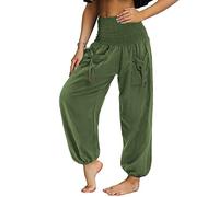 Nuofengkudu Donna Pantaloni Harem Hippie Tasconi Tinta Unita Thailandesi Vita Alta Larghi Leggeri Vintage Yoga Pants Traspirante Morbidi Comodo Pigiama Estivi Spiaggia Casual Verde Scuro M