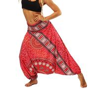 Nuofengkudu Donna Pantaloni Palazzo Harem Cavallo Basso Estivi Baggy Aladin alla Turca Boho Vintage Stampa Vita Alta Yoga Pants Rosso Flor