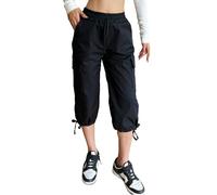 Nuofengkudu Estivi Pantaloni Capri Donna Cargo 6 Tasche Elasticizzati Vita Coulisse Pull on Sportiva Cropped 3/4 Pantalone Bermuda Pantaloncini Tinta Unita Leggeri Larghi Comodi Joggers Nero M