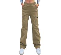 Nuofengkudu Gamba Larga Diritto Pantaloni Cargo Donna con Cerniera Tasche Stretch Lunghi Pantalone Elasticizzati Vita Alta Larghi Lavoro Comodi Y2K Teen Ragazza Moda Vintage Streetwear Cachi XL