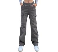 Nuofengkudu Gamba Larga Diritto Pantaloni Cargo Donna con Cerniera Tasche Stretch Lunghi Pantalone Elasticizzati Vita Alta Larghi Lavoro Comodi Y2K Teen Ragazza Moda Vintage Streetwear Grigio S