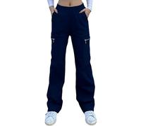 Nuofengkudu Gamba Larga Diritto Pantaloni Cargo Donna con Cerniera Tasche Stretch Lunghi Pantalone Elasticizzati Vita Alta Larghi Lavoro Comodi Y2K Teen Ragazza Moda Vintage Streetwear Blu Navy S
