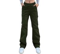 Nuofengkudu Gamba Larga Diritto Pantaloni Cargo Donna con Cerniera Tasche Stretch Lunghi Pantalone Elasticizzati Vita Alta Larghi Lavoro Comodi Y2K Teen Ragazza Moda Vintage Streetwear Verde XS