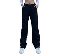 Nuofengkudu Gamba Larga Diritto Pantaloni Cargo Donna con Cerniera Tasche Stretch Lunghi Pantalone Elasticizzati Vita Alta Larghi Lavoro Comodi Y2K Teen Ragazza Moda Vintage Streetwear Nero XL