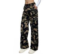 Nuofengkudu Mimetici Lungo Cargo Pantaloni della Tuta Larghi Cerniera Laterale Tasche Elastico Vita Alta Jogging Sportivi Pantalone Felpati Casa Comodi Joggers Pants Lavoro Adolescente Y2K Verde S