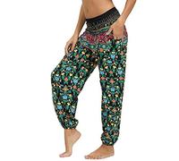 Nuofengkudu Pantaloni Harem Thai Estivi Baggy Aladin alla Turca Boho Etnici Vintage Stampa Vita Alta con Tasconi Hip Hop Yoga Pants Beach (Floreale Verde,One Size)