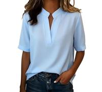 Nuoke Maglietta Donna,Camicette Donna estive,Top Neri, con Scollo a V, Camicette Casual a Maniche a 3/4, Outfit Autunnali, Maglietta, Abiti Larghi, Top, Camicetta Bottoni (Blue, L)