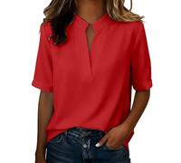 Nuoke Magliette Donna Manica Corta,Camicette Donna estive,Top Neri, con Scollo a V, Camicette Casual a Maniche a 3/4, Outfit Autunnali, Maglietta, Abiti Larghi, Top, Camicetta Bottoni (Red, XXL)