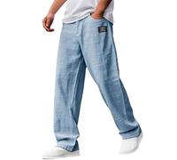 Nuoke Pantaloni Uomo,Pantalone Uomo,Men's Casual Cotton And Linen Fabric Embroidered Logo Loose Elastic Waist Pants Giardinaggio (Light Blue, XXL)