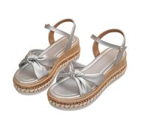 Nuoke sandali donna comodi,sandali zeppa plateau,Plus Size Chunky Sole European Style Rope Trimmed Toe Exposed Summer Single Strap Buckle Solid Color Bow Tie Flat Tacco E T Bar (Silver, 43)