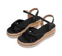 Nuoke sandali donna comodi,sandalo con zeppa donna,Plus Size Chunky Sole European Style Rope Trimmed Toe Exposed Summer Single Strap Buckle Solid Color Bow Tie Flat Tacco E T Bar (Black, 37)