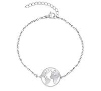 Nuoli® - Braccialetto da donna con ciondolo raffigurante il mondo (regolabile 15 + 5 cm), per donne e ragazze, in acciaio inox lucido, 15 centimeters, Acciaio inossidabile