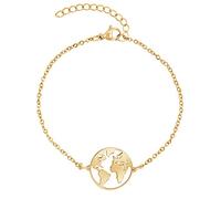 Nuoli® - Braccialetto da donna con ciondolo raffigurante il mondo (regolabile 15 + 5 cm), per donne e ragazze, in acciaio inox lucido, 15 centimeters, Acciaio inossidabile