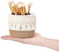 NUONUOPING Cesto portaoggetti rotondo in corda di cotone intrecciato con frange con nappe, piccolo organizer per pennelli da trucco, cosmetici e uso domestico sul piano di lavoro,
