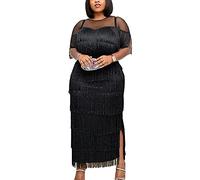 Nuoshang - Abito lungo da donna in rete con scollo rotondo e nappe, con frange, colore: Nero, Nero , XXL