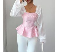Nuova blusa di lusso francese, elegante e romantica, con design grazioso e raffinato per serate speciali, in chiffon con patch, maniche lunghe, effetto snellente in vita, di alta qualità L,M,S,XLBlocc