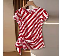 Nuova blusa elegante da donna per primavera/estate, con maniche corte, arricciature e laccio laterale, a righe rosse e bianche, versatile e casual, adatta per il tempo libero e le vacanze L,M,S,XL,XSA