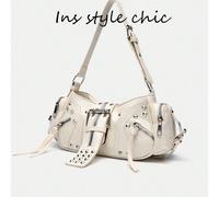 Nuova borsa retrò stile europeo e americano, design di nicchia, stile Y2K, borsa a tracolla per pendolari, borsa a tracolla per motocicletta, colore beige tinta unita popolare, borsa a tracolla con de