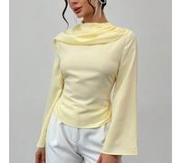 Nuova camicetta casual primaverile/estiva da donna, adatta per l'ufficio, lo stile di strada, l'uscita serale, in colore giallo pastello. Camicetta elegante con collo scialle, maniche a campana colora